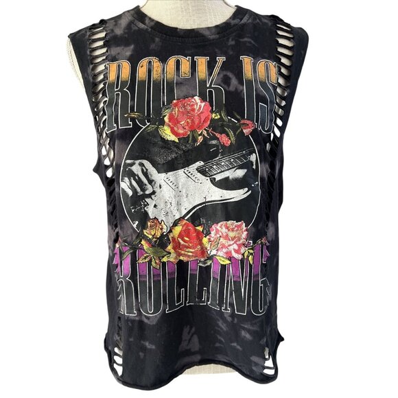 Forever 21 Rock Is Rolling Black Tie-Dye Cutout Tank Top Rose Guitar Graphic S - Picture 1 of 6